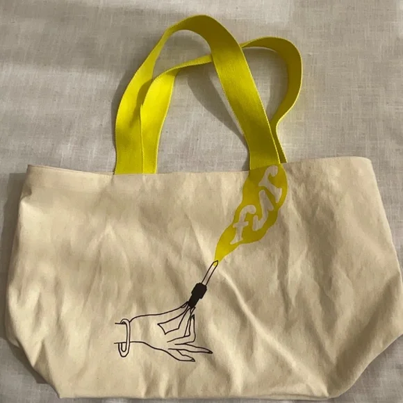 •Cotton Graphic Shopping Reusable Large Cream YellowTote NWOT - Picture 9 of 11